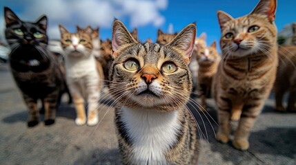 Obraz premium A group of playful cats gather under a bright blue sky, showing their curious nature