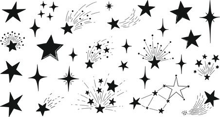 Obraz premium Set of black star icons in various shapes isolated on a white background for festive graphic design projects.