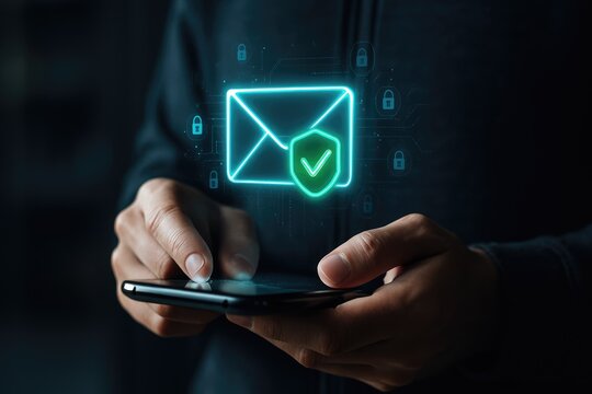 Hands holding smartphone with glowing secure email icon and shield mobile
