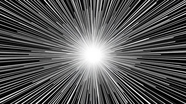 Dynamic Abstract White Light Rays Radiating from a Central Point on Black Background
