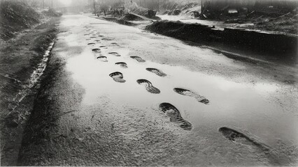 Footprints in wet road