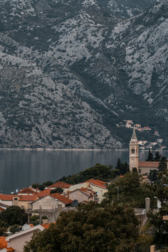View of the houses and St. Matthias Church in Dobrota, Montenegro. 