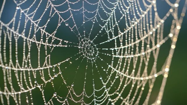 Close-up of a delicate spiderweb adorned with glistening water droplets, set against green backdrop