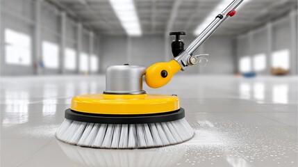 Fototapeta premium Detailed closeup of rotating floor brush in showroom environment with cleaning agents