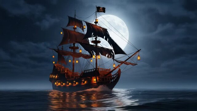 Haunting Pirate Ship Sailing Under Full Moon at Night