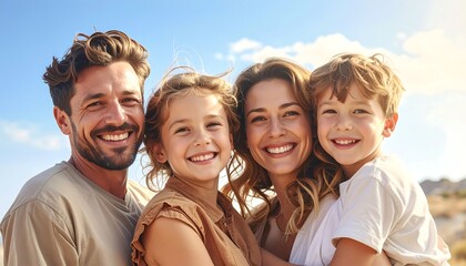 Obraz premium Happy family portrait with parents and children smiling together outdoors in warm natural light
