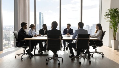 Obraz premium Business executives seated around table discussing strategy in modern conference room setting