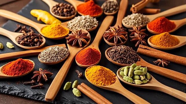Assortment of Vibrant Spices in Wooden Spoons on a Dark Background