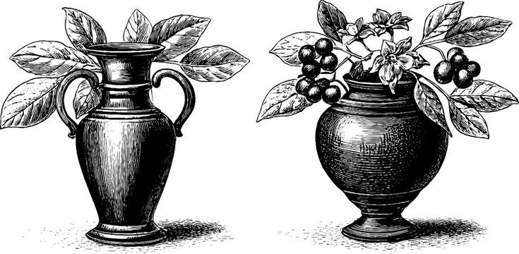 Ancient ceramic amphora and vessel with botanical elements - vintage engraving art for design