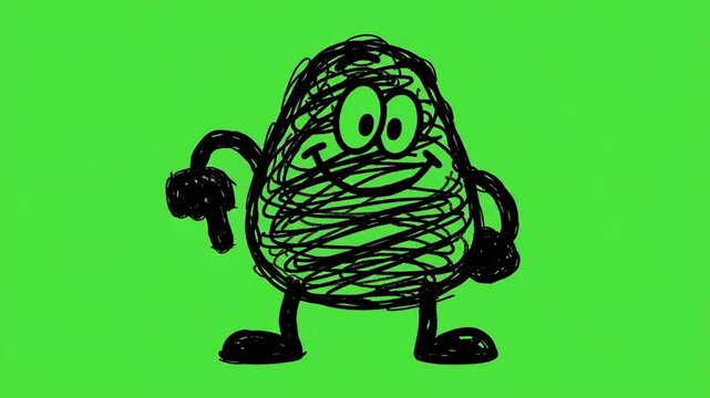 Cartoon avocado character with arms and legs on a green background.