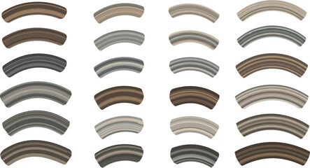 Set of abstract curved ribbed 3D shapes with metallic and neutral gradients