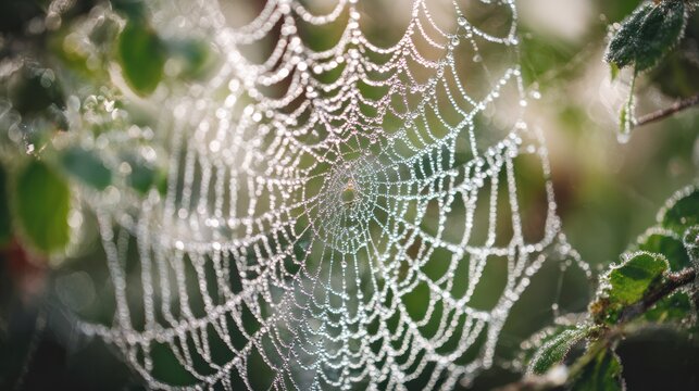 Spider reconstructing damaged web with altered pattern, morning dew on silk strands. wildlife magazines, conservation campaigns, designed for wildlife conservation campaigns.