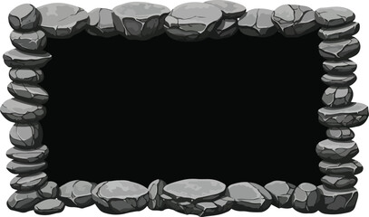 Rectangular frame made of stacked grey stones with a black void center stone frame rock border stacked rocks