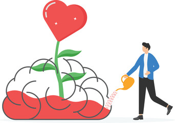 Cultivating Emotional Intelligence Concept with Businessman Watering Heart Plant Inside Brain © WS DESIGN