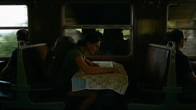 A person with a backpack sits on a train studying a paper map on a table Sunlight streams through windows revealing a lush green landscape outside Other passengers are visible in the background