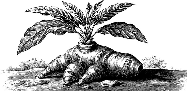 Botanical illustration of arrowroot tuber with leaves &ndash; vintage engraving for design and decoration