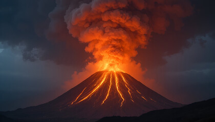 Fototapeta premium Volcanic Eruption Fury: Witness the raw power of nature as a volcano erupts, spewing molten lava and billowing smoke against a dark, dramatic sky.