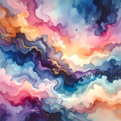 Swirling watercolor painting featuring blends of blue, pink, purple, orange hues with gold accents, resembling abstract clouds