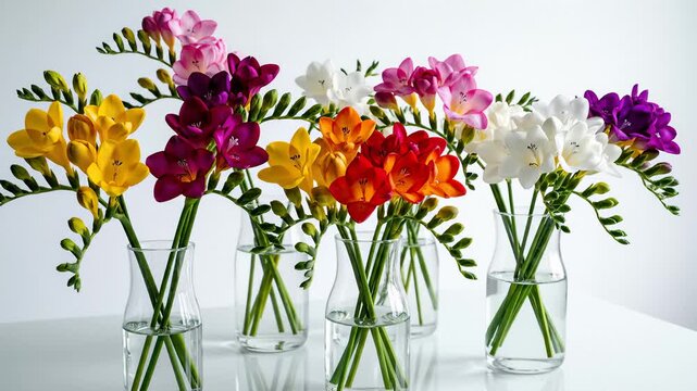 Colorful Freesia Flowers in Vases on White Surface