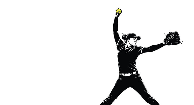 Determined female softball pitcher poised mid-delivery in dynamic black and white graphic style