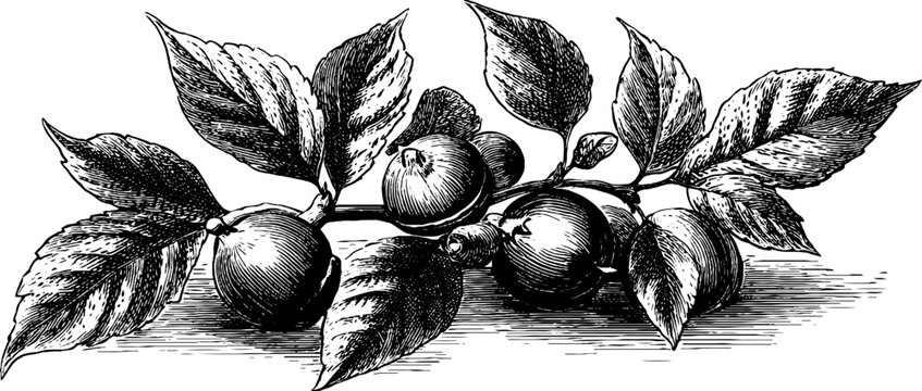 Vintage botanical engraving of beech nut seed with leaves - hand-drawn nature illustration for design