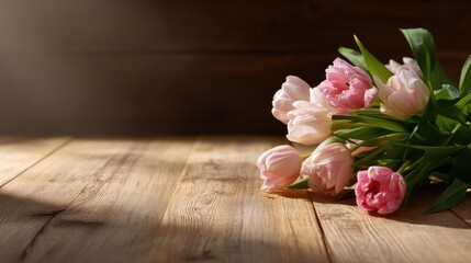 Elegant Pink Tulips on Rustic Wooden Table with Soft Lighting