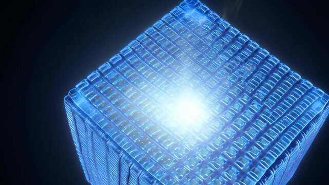 Glowing Blue Data Cube with Digital Grid Pattern
