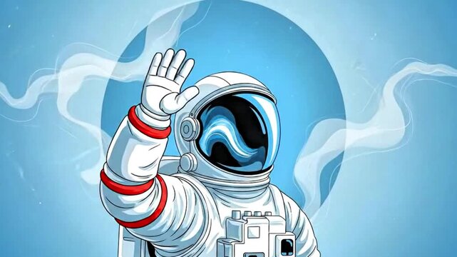 Video, 2D, vector, illustration of astronaut waving for science, space, rocket, background, animation, education