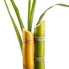 Obraz premium Two stalks of sugarcane with green leaves on white background