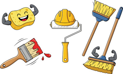 Cartoon yellow sponge with flexing arms next to paint roller and brooms
