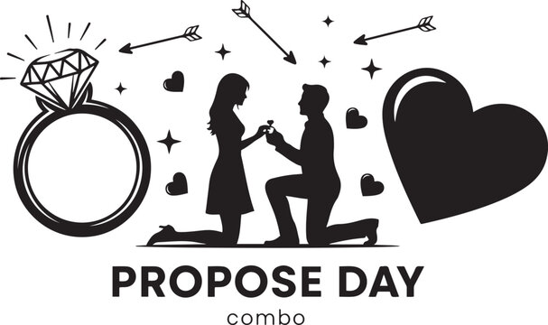 Black silhouette of man proposing to woman with ring hearts arrows and text P R O P O S E D A Y proposal