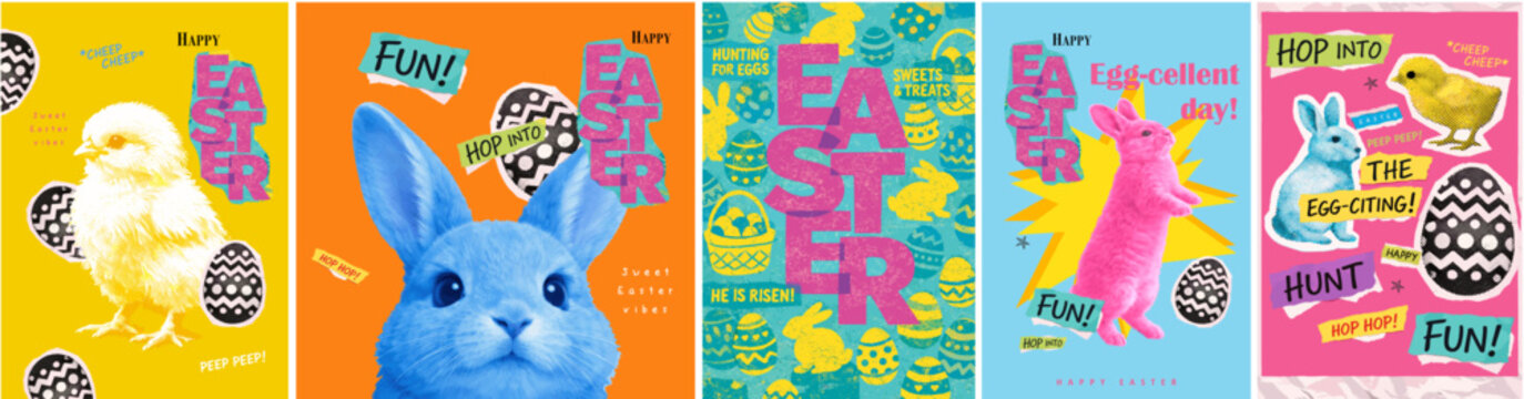 Bright Easter sticker and poster collection with bunny, chick, eggs and playful typography, bold colors, pop art style, fun holiday graphics for kids, events and seasonal promotions.