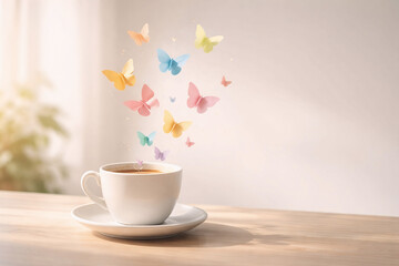 Coffee cup with floating colorful butterflies concept for creative inspiration, relaxation, and lifestyle marketing design