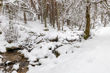 Obraz premium Snowy landscape of mountains port of Canencia in Madrid, Spain