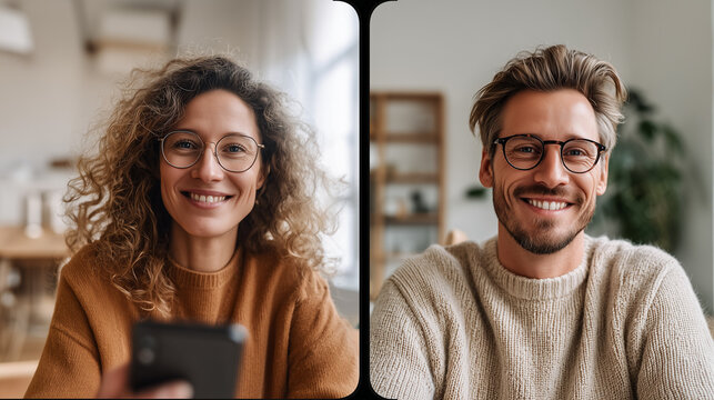 A high-quality split-screen lifestyle image featuring a young man and woman with glasses smiling warmly during a romantic video call or long-distance relationship connection.