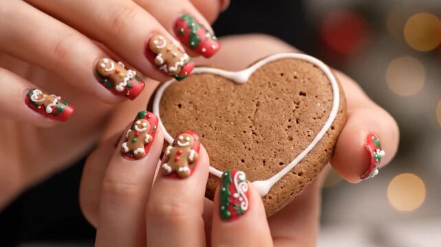 Hands with festive gingerbread nail art and a heart-shaped cookie