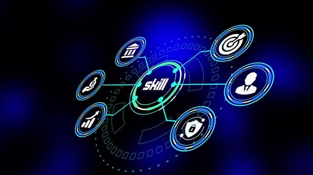 Skill development concept with digital performance interface showing expertise growth, capability metrics, professional analytics, and workforce optimization systems.