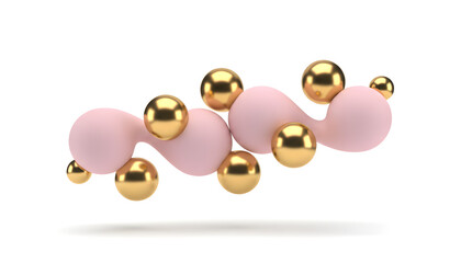 Abstract three dimensional rendering showcasing a flowing organic shape made of soft pink matte material interwoven with shiny metallic gold spheres floating above a subtle shadow.