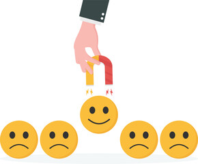 Fototapeta premium Customer Loyalty Concept with Giant Magnet Attracting Happy Smiley Face Emoji Feedback