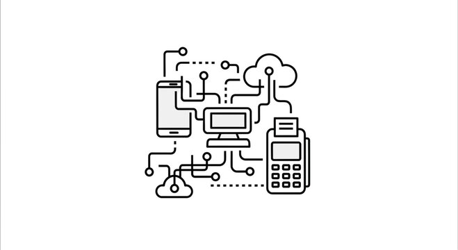 Connected Devices Network: Computer, Smartphone, POS Terminal, Cloud Icons