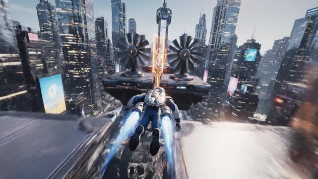 Futuristic metropolis flight: jetpack pilot soaring through a gleaming city of glass and steel skysers with orange rings.
