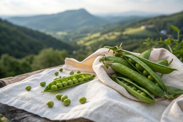 Fresh Green Peas in Opened Pods on a Rustic Table with Rolling Hills Background