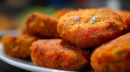 A plate of crispy fried cutlets or croquettes served on a white dish