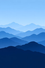 Obraz premium Layered blue mountains disappearing into light blue sky background.