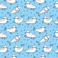 Vector pattern from a collection of cute hand-drawn seals in doodle style.