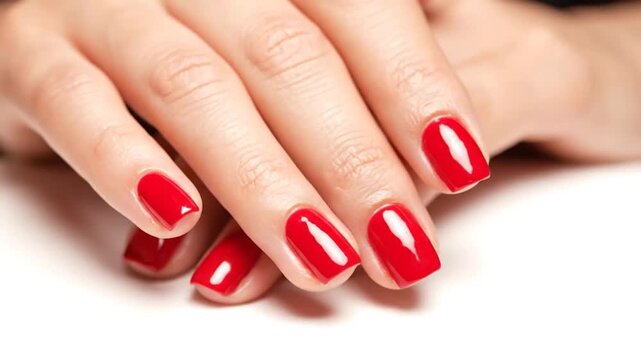 Close-up of a person's hands with red painted fingernails. The fingers are interlaced