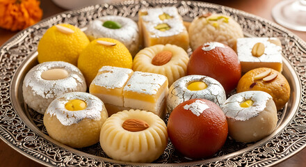 Assorted indian sweets on ornate tray