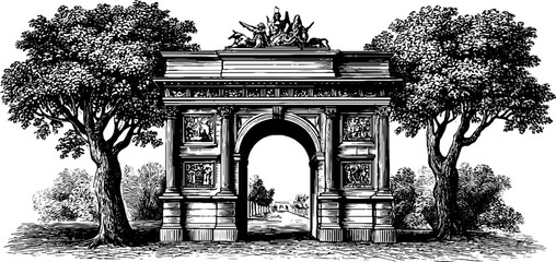 Fototapeta premium Vintage botanical city gate engraving - historical architecture sketch for design and decor