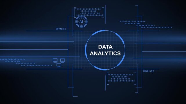high-tech digital interface displaying "Data Analytics" text within a futuristic HUD circle. Blue background with scrolling numbers, grid lines, and cybernetic design elements suitable for technology