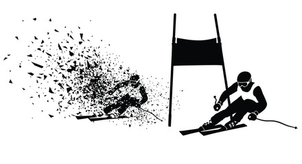 Obraz premium Dynamic black and white graphic illustrating downhill ski racer passing a gate with dispersal effect